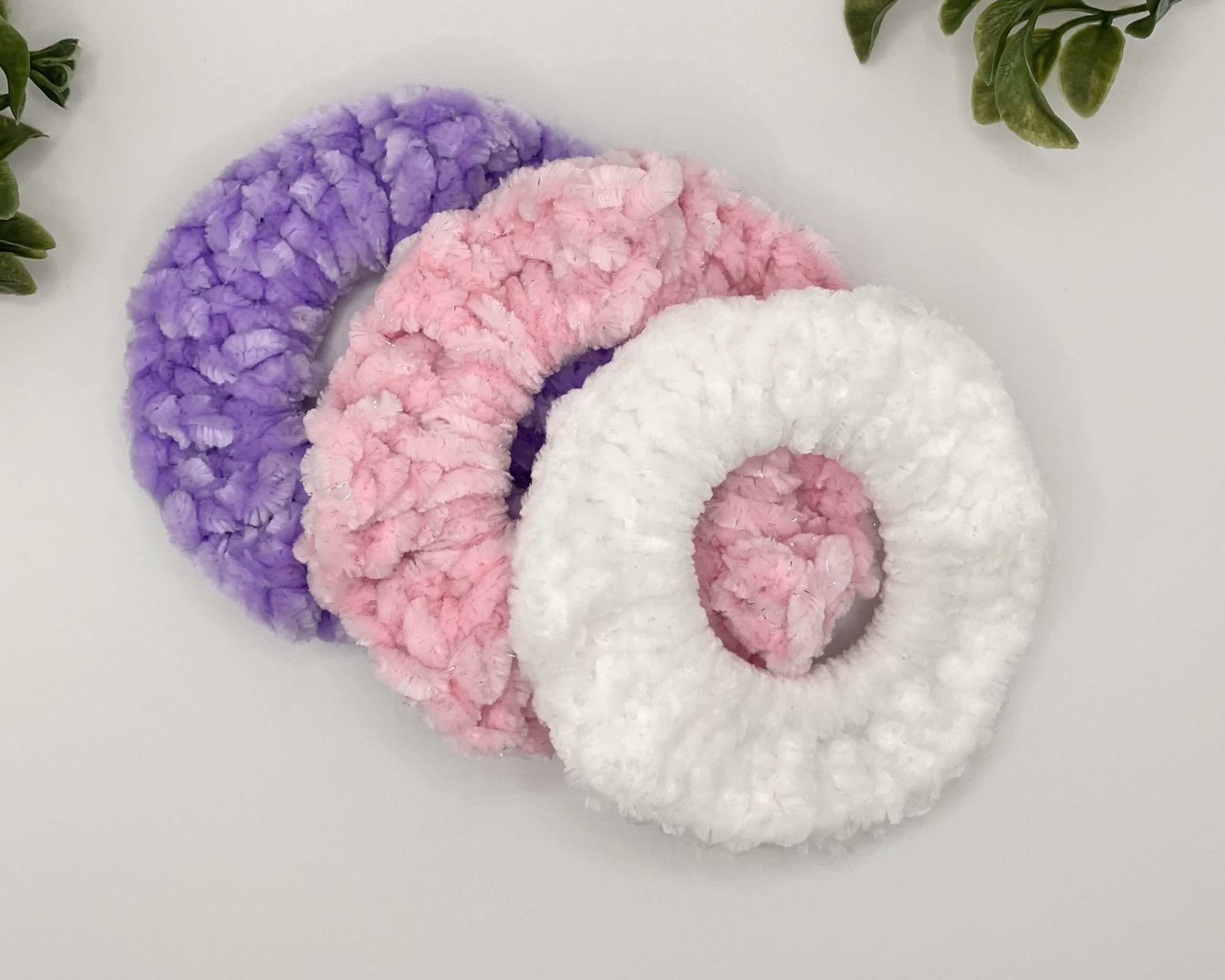 Image of hair crochet scrunchies purple, pink, white