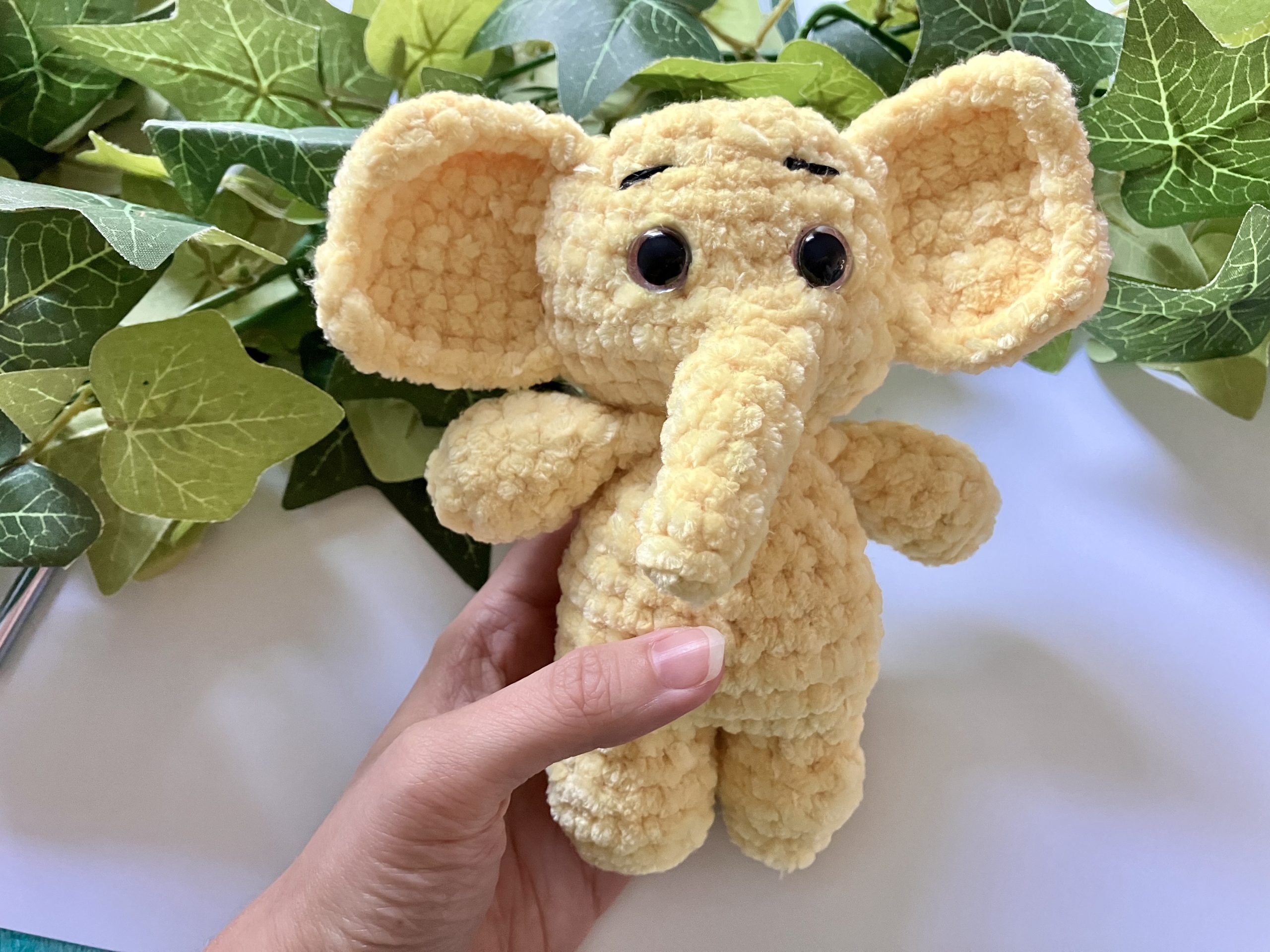 Pocket size yellow crochet elephant