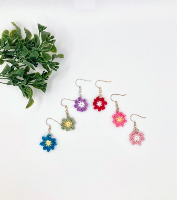 Mini flower earrings in blue, green, purple, red, dark pink, and light pink displayed against a white background