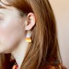 A reference image of a model wearing a crochet candy corn earring