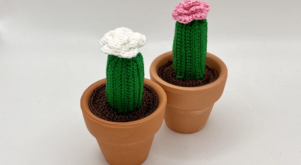 Small crochet flowering cactus plant in a natural clay pot, eco-friendly and handmade.