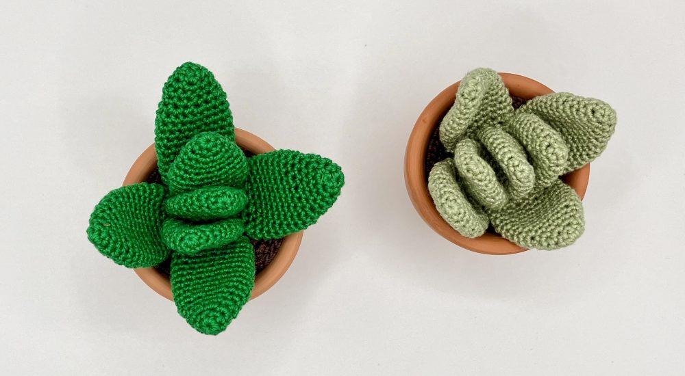 Small crochet succulent plant in a natural clay pot, eco-friendly and handmade