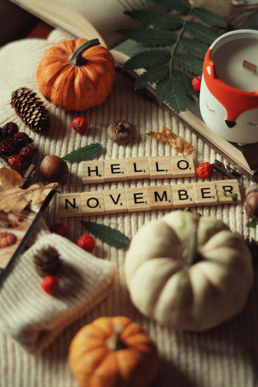 pumpkins and hello november text on dice