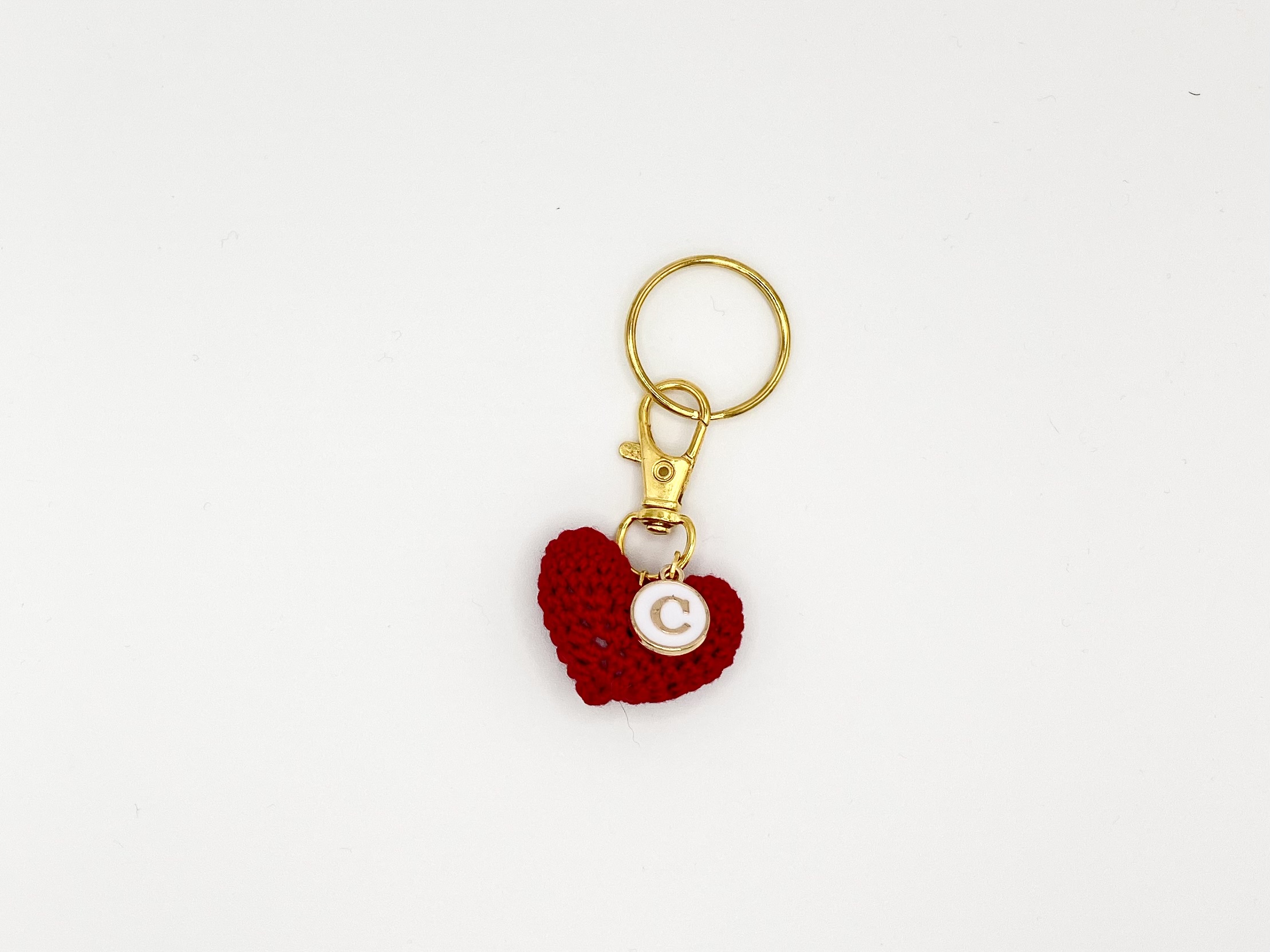 handmade personalized crochet valentines day heart keychain, with letter charm