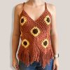 Front of handmade crochet sunflower top for fall