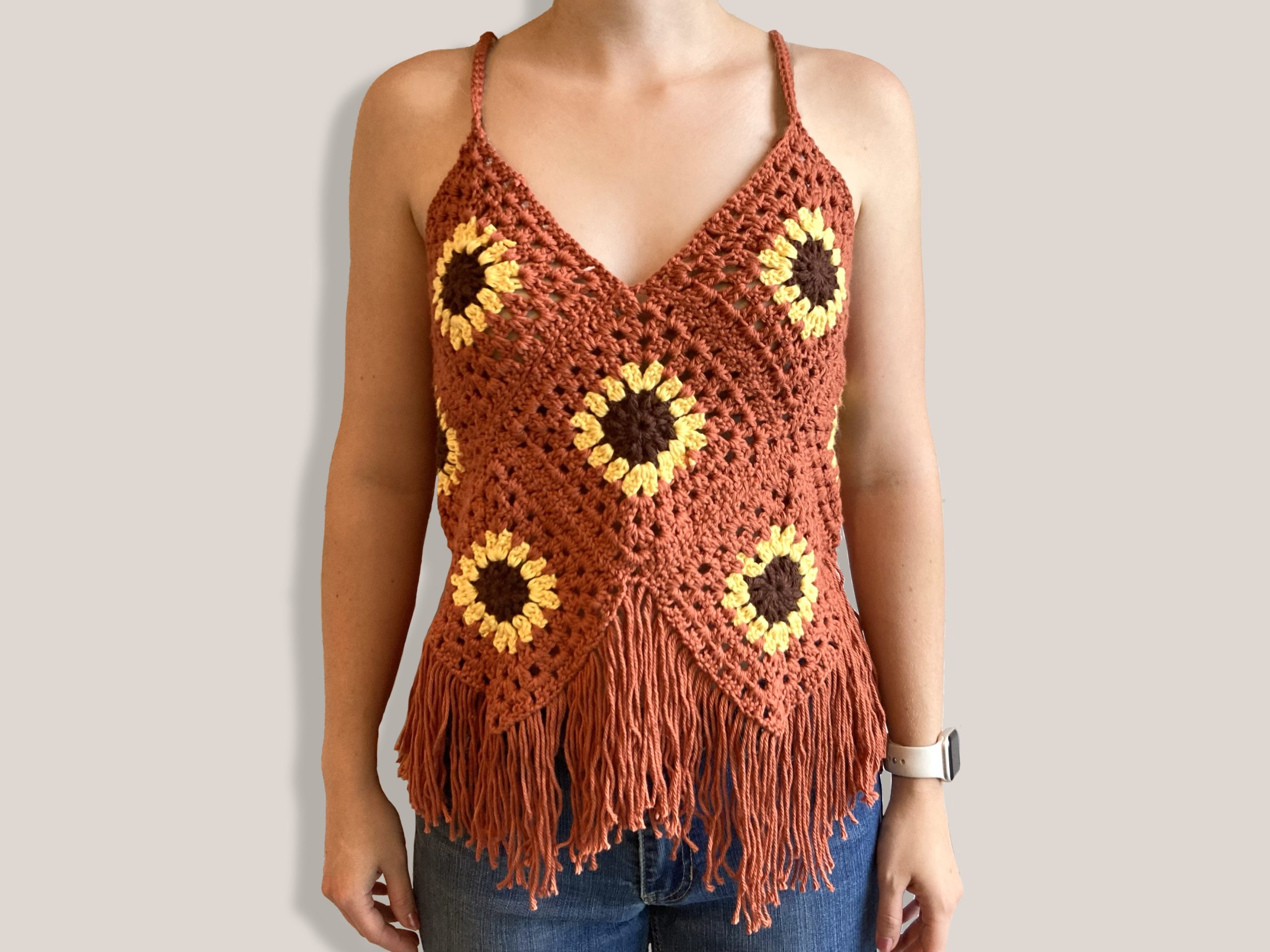 Front of handmade crochet sunflower top for fall
