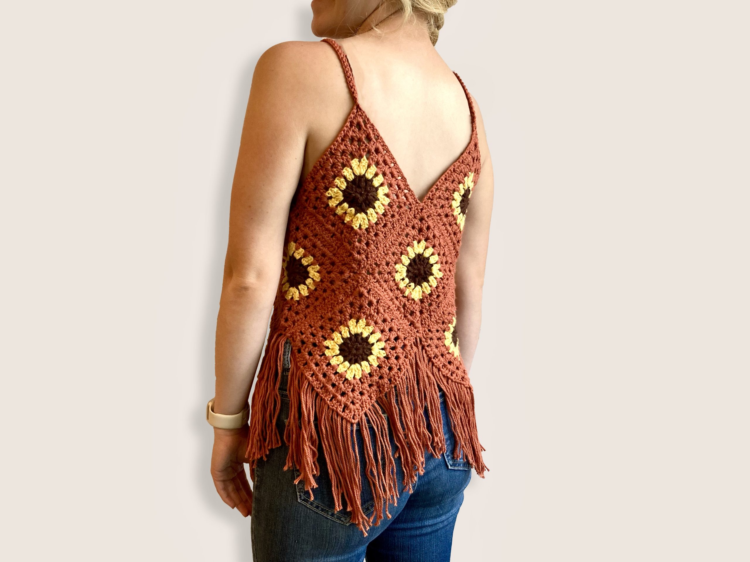 Side view of crochet sunflower top